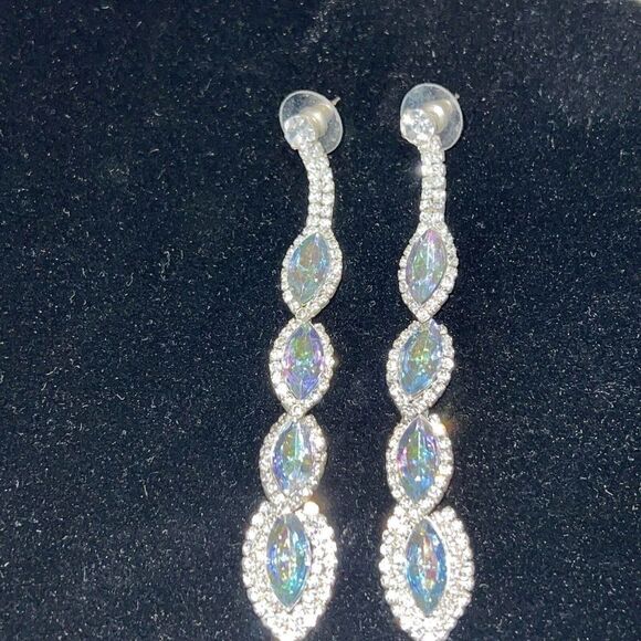 31/2” Clear Silver Tone Teardrop White Wedding Long Rhinestone Bridal Earrings - Picture 2 of 7